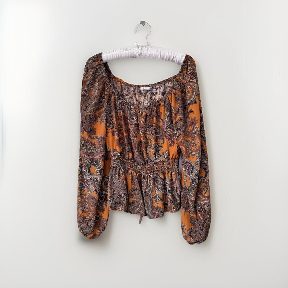 Tu Womens Size Medium Brown Purple Paisley Long Sleeve Pullover Blouse